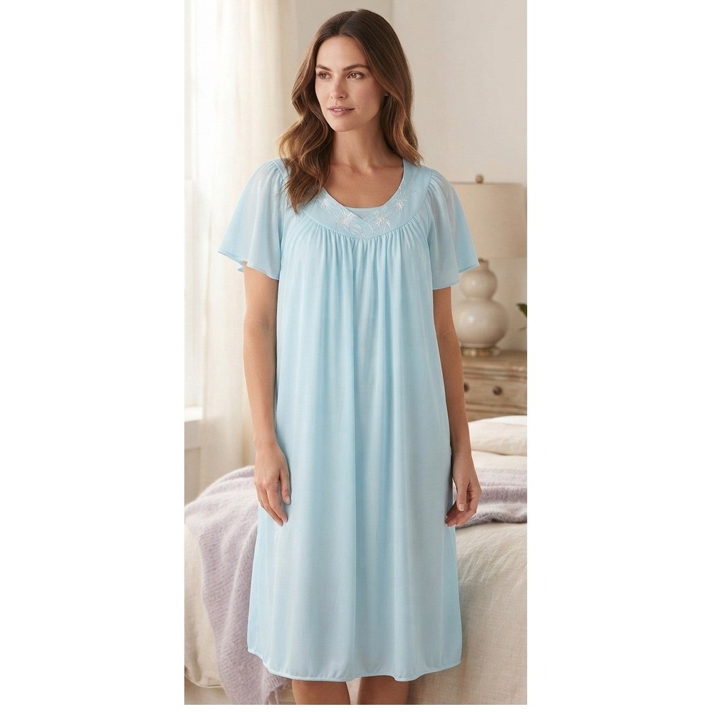 Miss Elaine Classics Nightgown Floral Embroidered XL Blue Nylon Flutter Sleeve